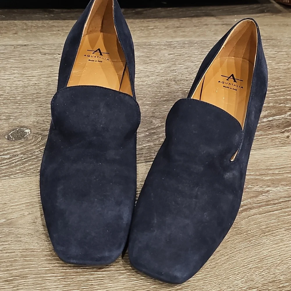 AQUATALIA Weatherproof Blue Suede Heeled Loafers Pumps Size 9